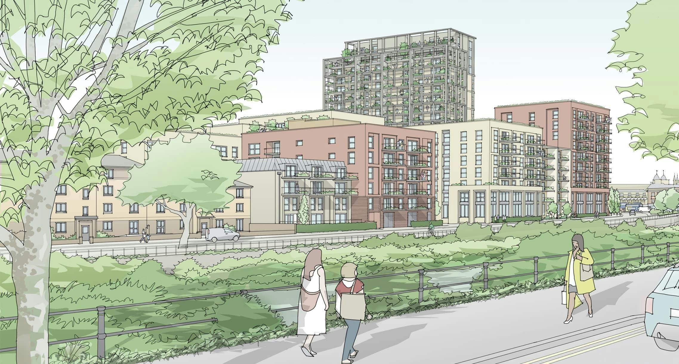 Illustrated view of Clarence Road by Dandara Living from across the River Avon